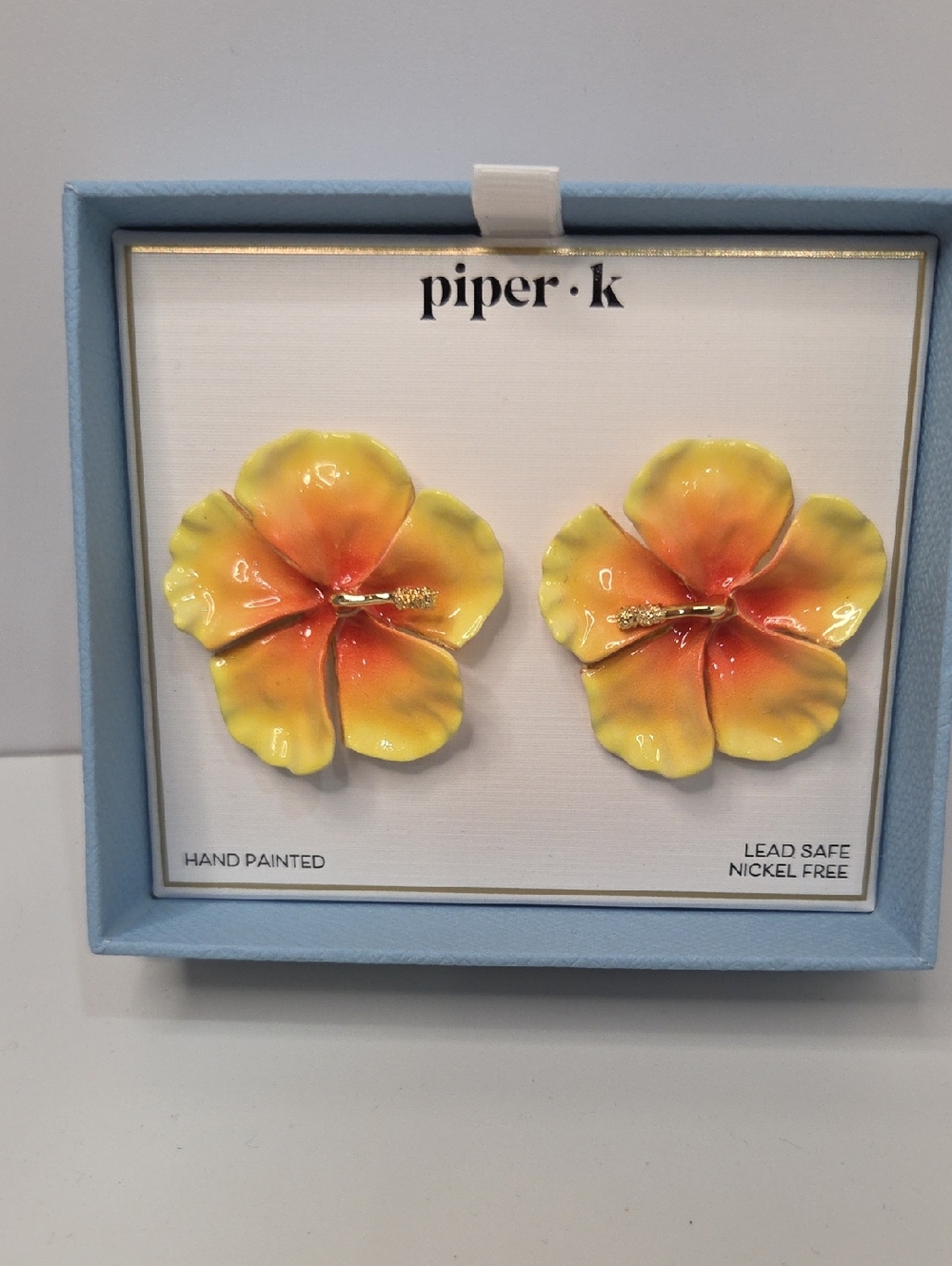 💛🔹️Piper K 🔹️ Floral Hand-Painted Yellow and Orange Hibiscus Stud Earrings
